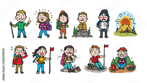 Fotografie Hikers' Emotions: A collection of lively illustrations captures the gamut of emotions experienced by hikers, from excitement to exhaustion, set against a backdrop of nature's beauty