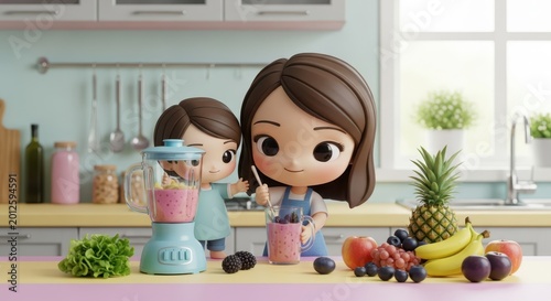 Adorable Chibi Family Making Fresh Fruit Smoothies in a Bright Kitchen Scene