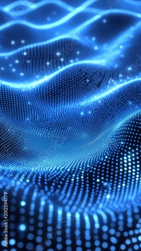 Abstract glowing blue wavy background with digital dots and network particles for technology design and future connectivity concepts.