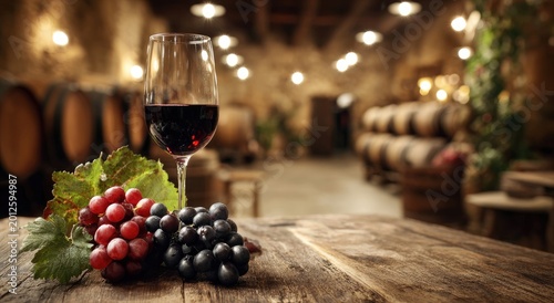 A glass of red wine and grapes rest on a rustic wooden table in a cellar