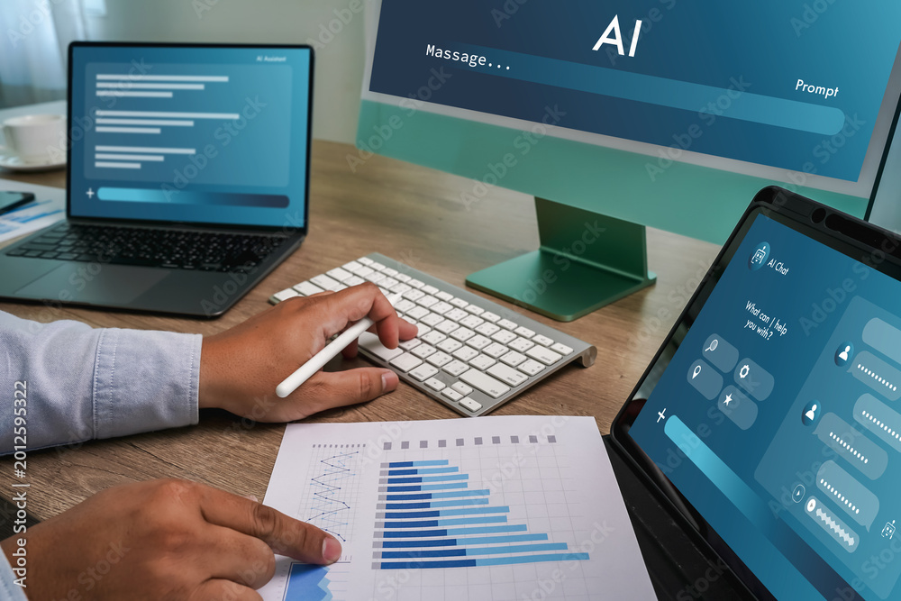 Naklejka premium Hand using keyboard and tablet displaying AI interface with data chart document on desk, representing AI data analysis workflow, machine learning processing, reporting system, and digital business ana