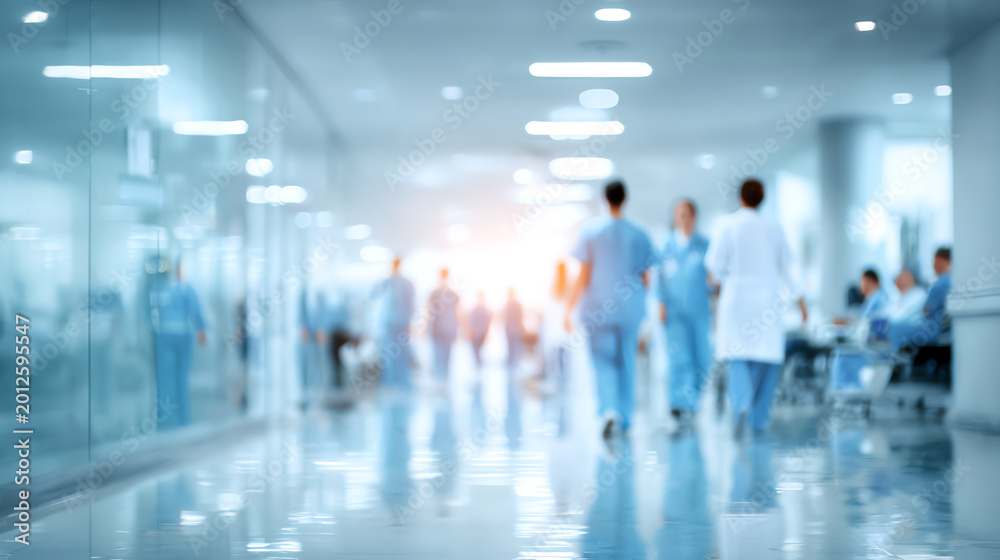 Fototapeta premium A modern hospital corridor bustling with healthcare professionals in scrubs, symbolizing medical care and teamwork.