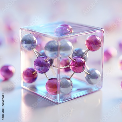 Transparent cube encasing glowing, interconnected purple and silver spheres