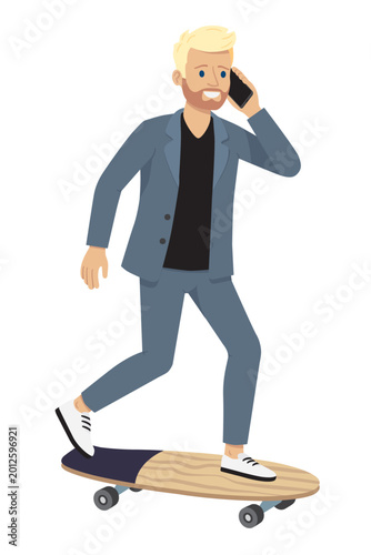 Young businessmann talking on smartphone while riding on skateboard flat design isolated vector illustration