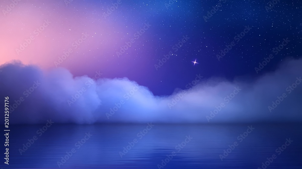 Obraz premium Night sky with fluffy clouds and glowing stars above tranquil ocean surface reflecting deep blue celestial light over horizon.