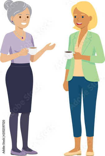 Two women holding coffee cups and chatting flat design isolated vector illustration