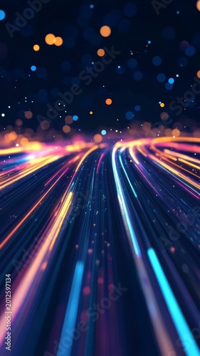 Abstract background featuring vibrant glowing neon light trails with bokeh particle effects for futuristic digital design projects.