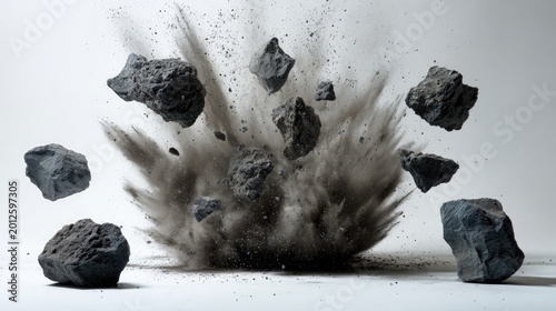 Rocks and debris explode outwards in a dramatic, dust-filled burst