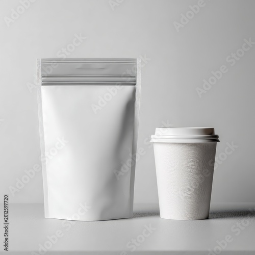 White resealable bag next to a disposable coffee cup
