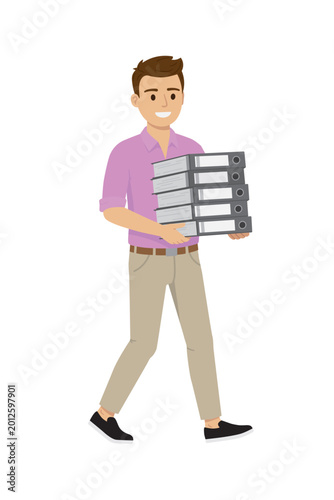 Young man ice chinos carrying a stack of file folders flat design isolated vector illustration