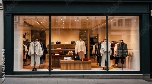 Modern storefront displays minimalist womenswear collection. Chic boutique features neutral toned apparel, accessories, bags on wooden shelving, racks. Clean design promotes peaceful shopping