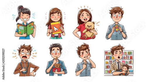 Φωτογραφία Expressive collection of animated characters: A series of vibrant illustrations depicts a range of emotional states and experiences, from joy and surprise to curiosity and apprehension