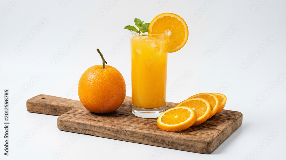 Naklejka premium Fresh Orange Juice in Glass with Whole Orange and Slices on Wooden Board