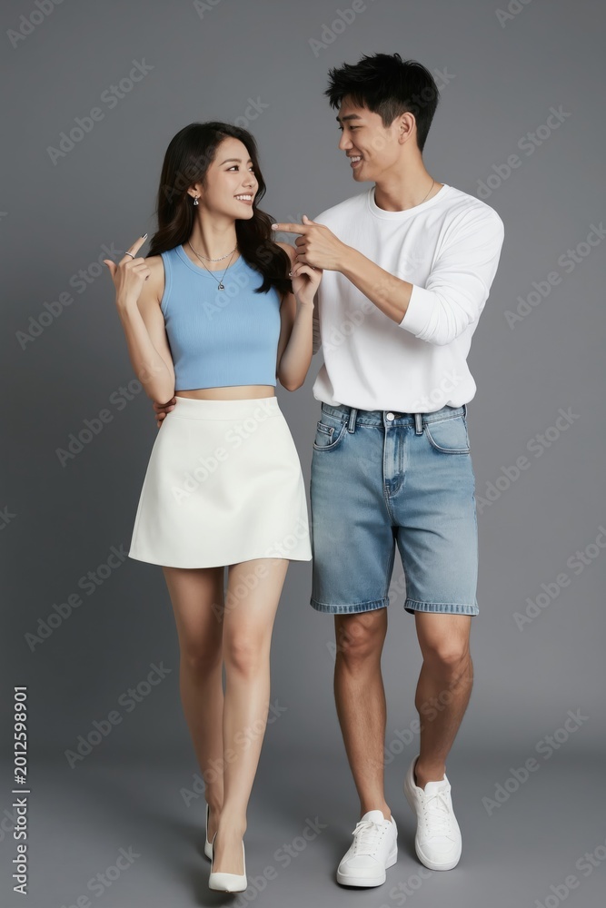 Naklejka premium Young man and woman in casual clothes interacting playfully. Couple smiles and points at each other, suggesting fun and connection. Studio shot with plain grey background.