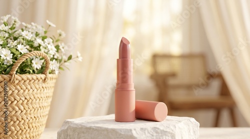 Pink lipstick on a stone podium with a basket of white flowers