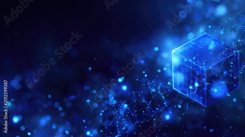 Luminous blue cube emerges from a digital network of light