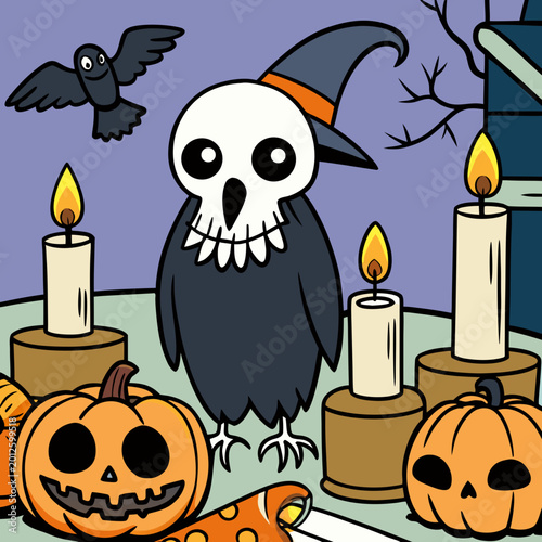 Vector Illustration – Witch Raven with Skull Head