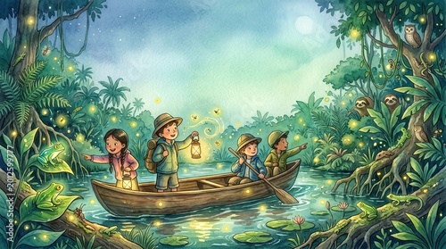 Kids in boat explore glowing jungle at night: fireflies, frogs, sloths
