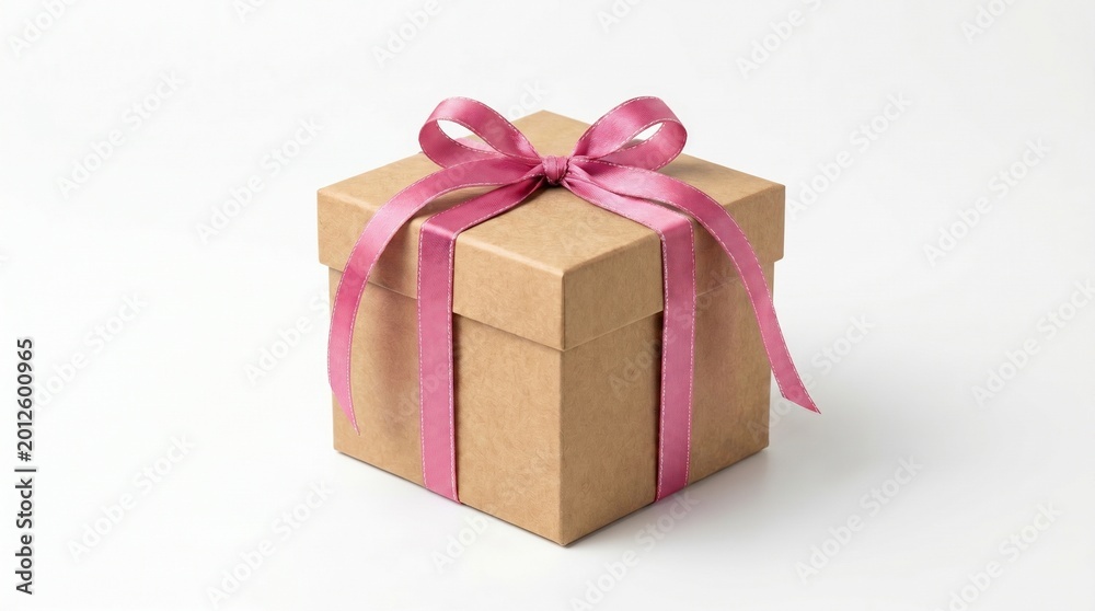 Obraz premium Brown cardboard gift box with a pink ribbon isolated on white background