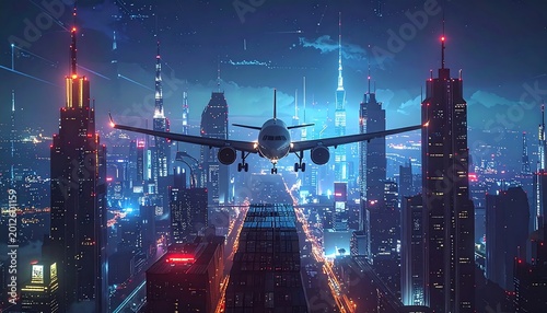 A passenger plane approaches a modern city at night, with tall, illuminated skyscrapers and a vibrant, digital art style