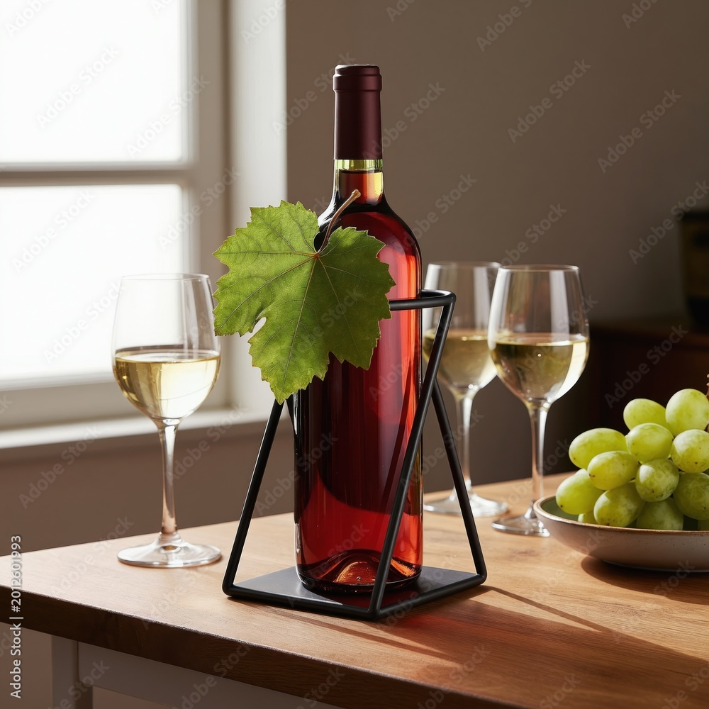 Naklejka premium Bottle of red wine rests in a modern black metal stand on a wooden table. Two glasses of white wine and green grapes sit nearby. The scene has soft natural light.