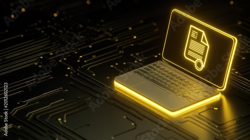 Illuminated laptop displaying a glowing document icon on circuit board background