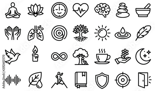 Minimalist Mindfulness Line Art Icon Set with Meditation, Lotus, Heart Health, Brain Wellness, Yoga and Spiritual Healing Icons