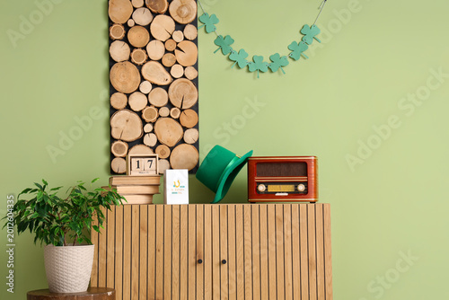Interior of festive room decorated for St. Patrick's Day celebration with ret...