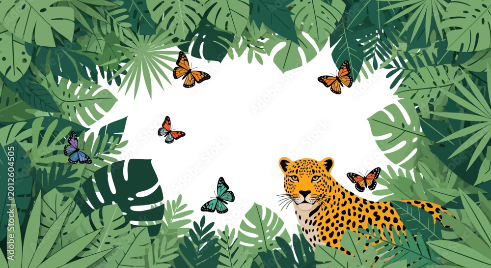 Fototapeta premium Leopard resting in lush jungle surrounded by colorful butterflies