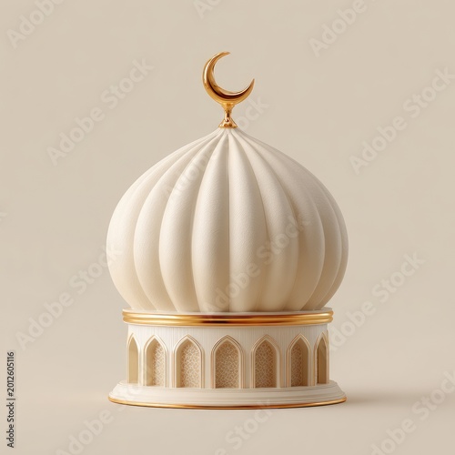 Ornate, cream-colored mosque dome with golden crescent, on beige background