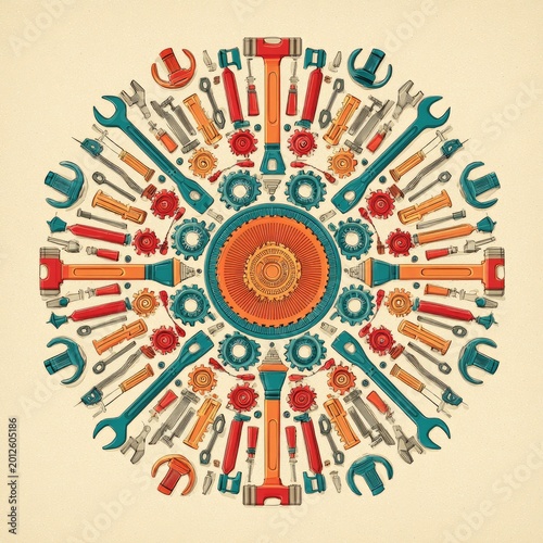 Circular radial pattern of colorful tools, gears, and mechanical components