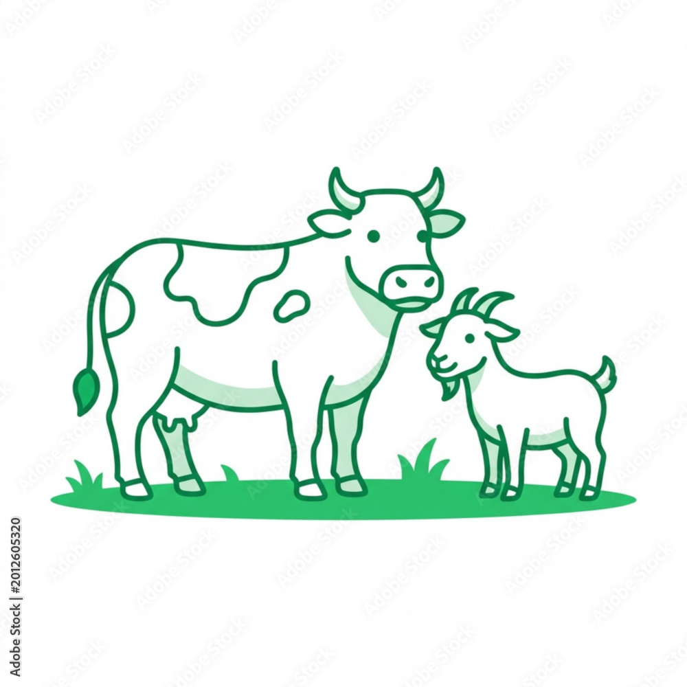 Fototapeta premium Cow and Goat Green Line Art Vector Icon Set for Organic Farming and Livestock Branding