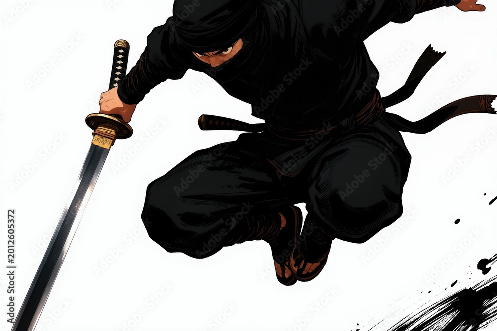 Fototapeta premium Black clad ninja fighter leaps mid air holding katana sword. Dynamic action pose shows stealth and combat readiness. Japanese warrior skill and discipline. Fast attack motion concept.