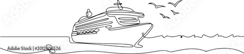 Continuous one line drawing of Cruise ship sailing in the sea. Cruise ship in single line draw illustration.one line Art icon drawing vector