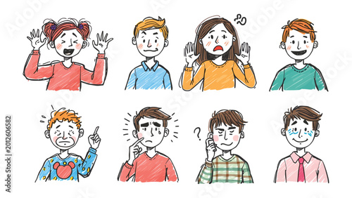 Foto Expressive Emotions: A vibrant illustration showcasing eight distinct individuals, each conveying a unique spectrum of human emotion through animated gestures and facial expressions