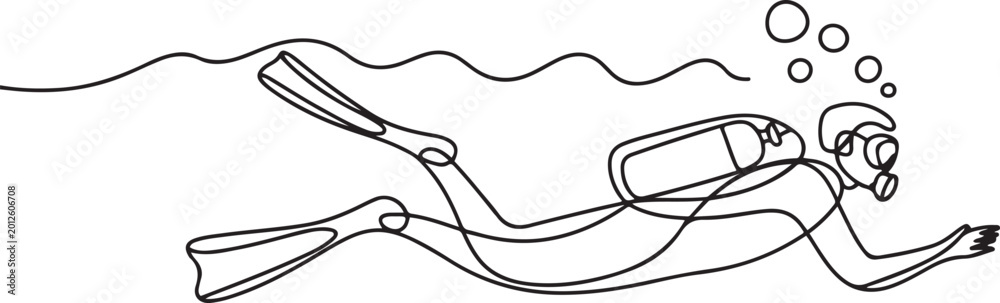 Obraz premium Continuous one line drawing of scuba diver diving in underwater.one line Art icon drawing vector