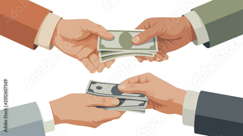 Schilderij op canvas Close up view of hands exchanging stacks of paper currency representing financia