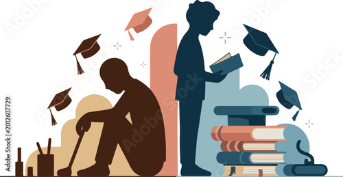 Foto Educational gap concept showing student struggle versus academic success with bo