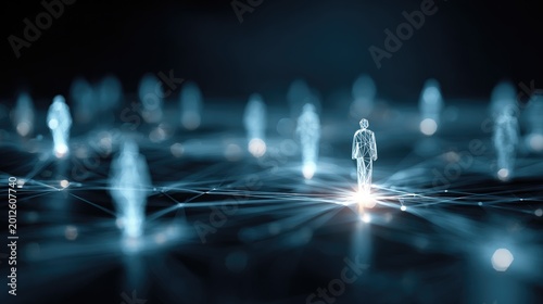 Digital figures connected by glowing lines in a dark network