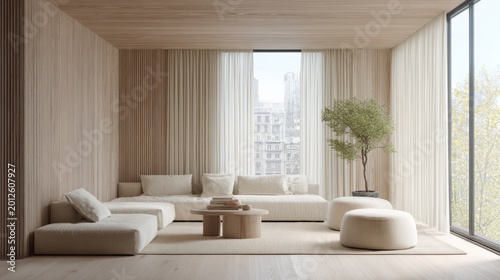 Serene Living Room: A modern and inviting living room is bathed in natural light, showcasing minimalist design, soft textures.