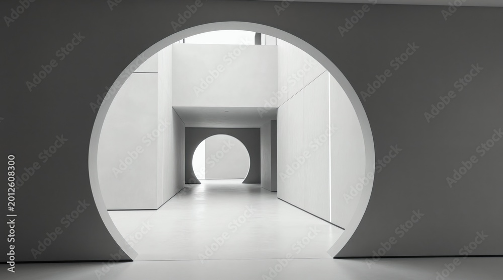 Fototapeta premium Modern interior hallway with circular archways. Clean, empty, bright space with white walls and polished concrete floor. Architectural perspective leads to unseen area beyond.