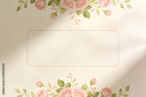 Watercolor pink rose floral frame with green leaves, offering a blank space for elegant invitations, greeting cards, or announcements, enhanced by soft shadows