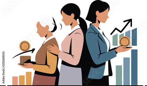 Three generations of business women standing together with financial growth charts and money coins showing female success