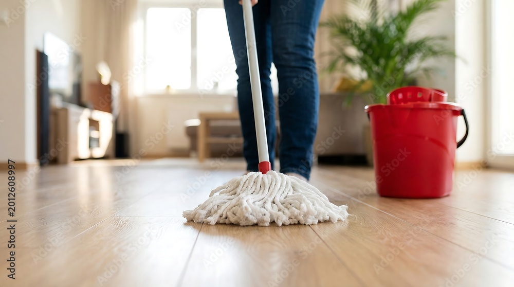 Fototapeta premium Person cleaning hardwood floor with wet mop and red bucket in bright living room interior during regular maintenance routine for maintaining clean and hygienic domestic environment