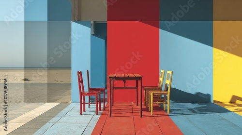 Colors and Comfort: A modern outdoor setup featuring a vibrant array of colors, with a table and chairs inviting a moment of tranquility and leisure.