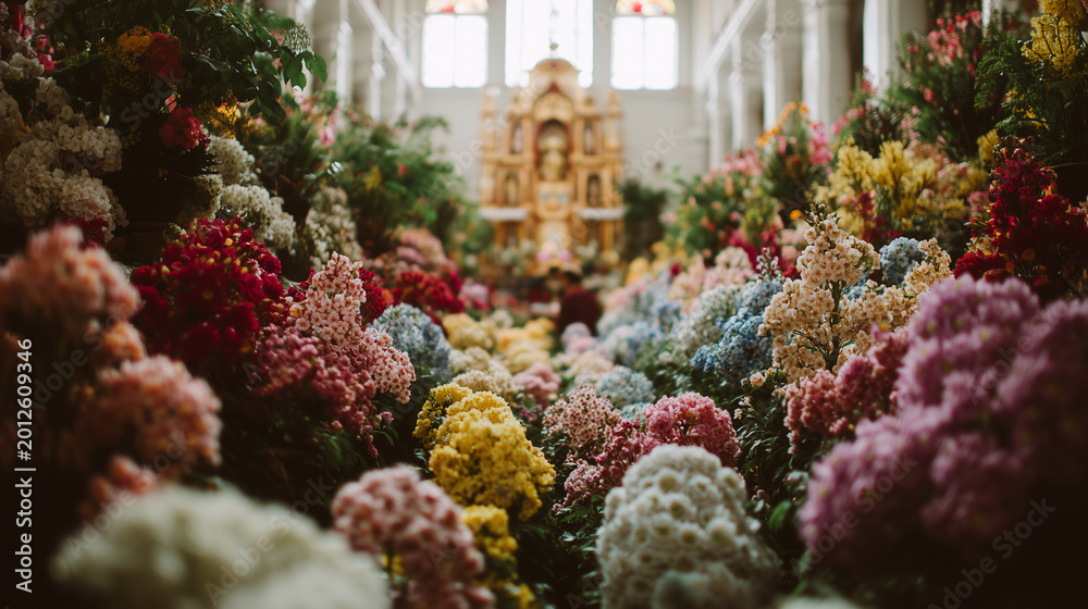 Fototapeta premium Vibrant Flores de Mayo flowers fill the church with colorful blooms and lush greenery on display