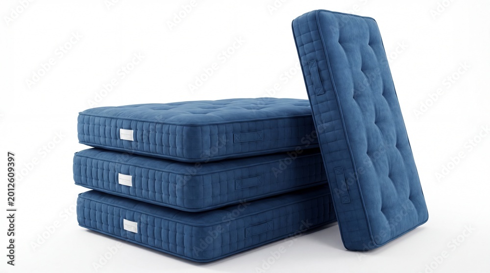 Naklejka premium Blue Folding Mattress Stack Isolated on White Background