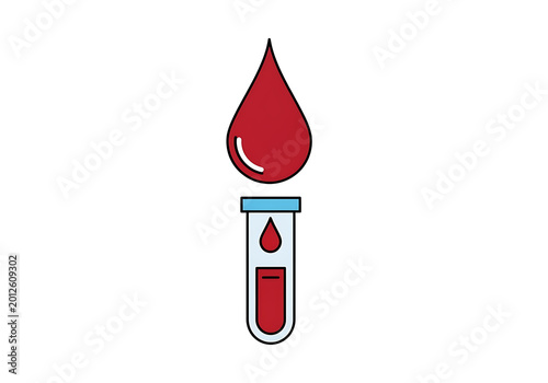 Blood test icon with red drop and test tube, isolated on transparent background.