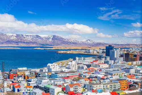 Aerial view of Reykjavik harbour, capital of Iceland, from the top of the Hallgrimskirkja church