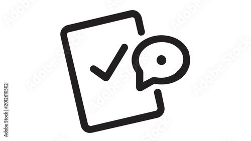 Minimalist vector icon illustration of an employee survey clipboard with a checkmark and a speech bubble, symbolizing feedback, business communication, and document verification in clean line art.